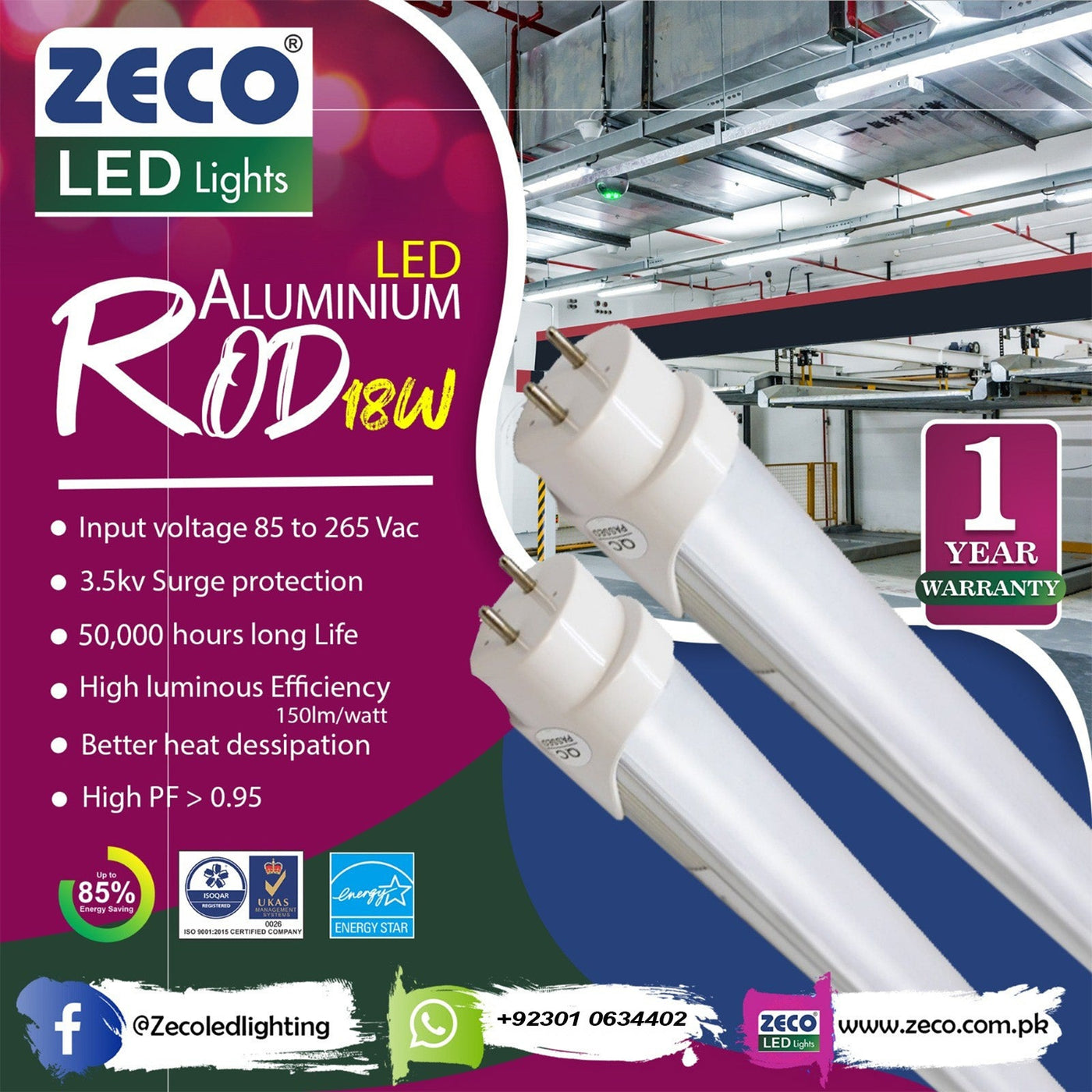 LED Aluminium Rod 18W